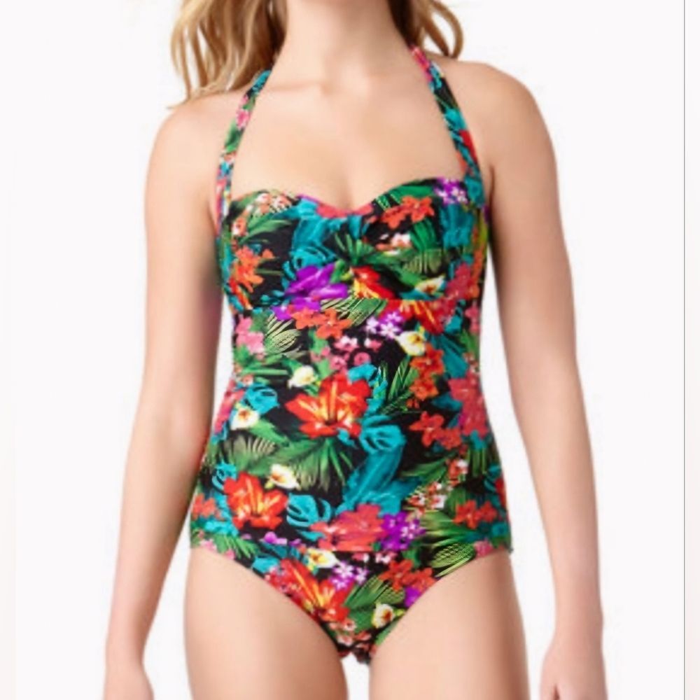 Catalina Women's Floral Costa Rica One Piece Swimsuit Black Plus Size 3X EUC